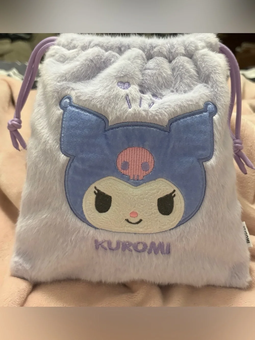 Kuromi Plush Drawstring Pouch in Lavender